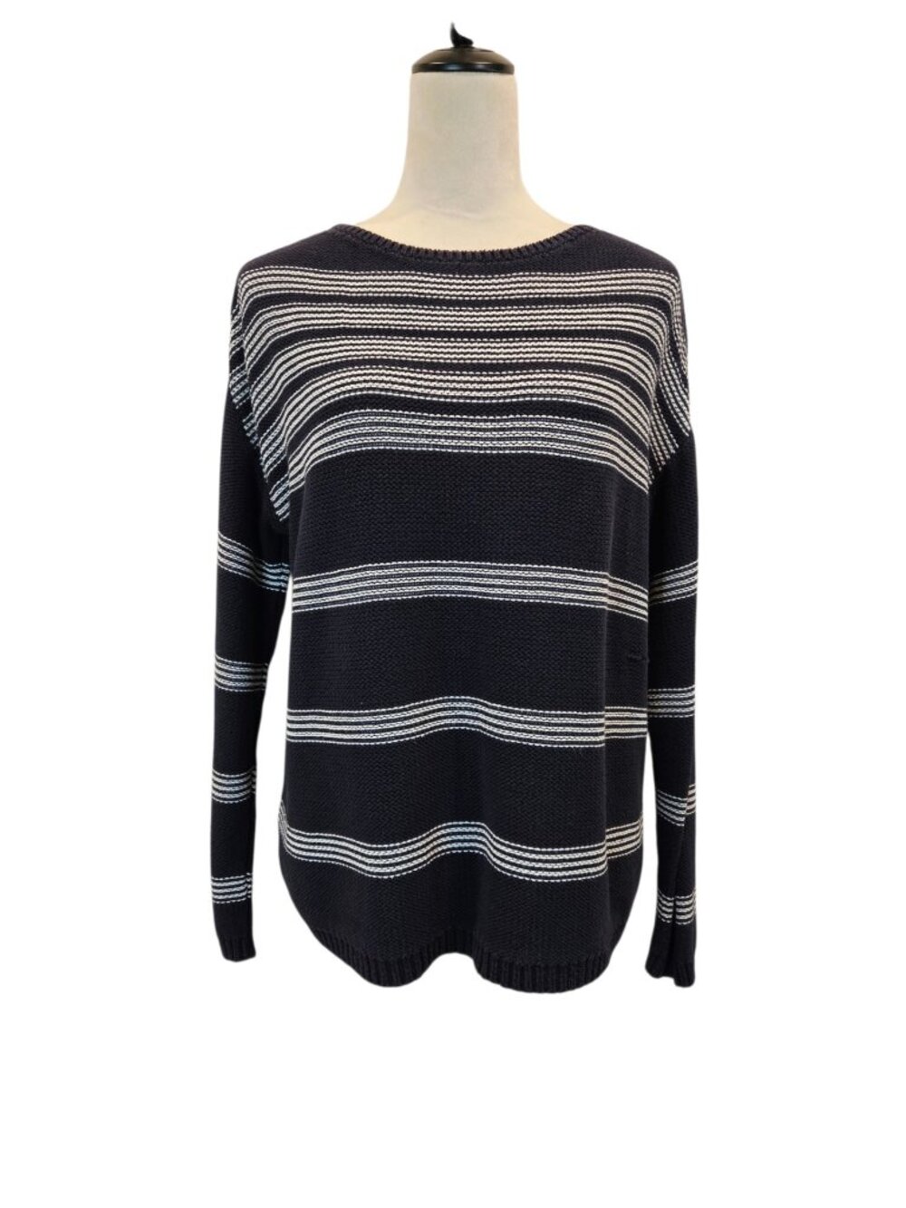 Ann Taylor Striped Cotton Sweater Nautical Boat Neck Navy & White Size M